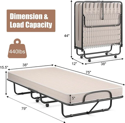 Vista 3 de HAPPYGRILL Cama enrollable, cama plegable con colchón de espuma viscoelástica de 5 pulgadas, marco de acero resistente, 4 ruedas universales, cama
