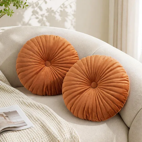 Vista 15 de Teieas - Almohada redonda de terciopelo plisada para decoración, cojín redondo para sofá, silla, cama, coche, burdeos Borgoña