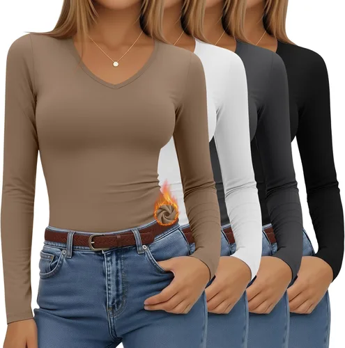 Vista 17 de Paquete de 4 camisas térmicas de manga larga para mujer, con forro polar, cuello en V, ropa interior ajustada, capa base, básica, tops cálidos