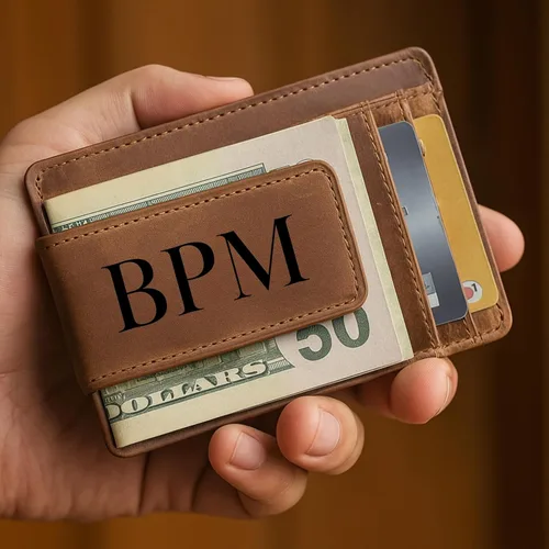 Vista 9 de Cartera personalizada con clip para dinero para hombre, billetera delgada de cuero grabado personalizado con bolsillo frontal con clip magnético