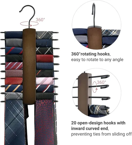 Vista 5 de Mkono Colgador de ropa para cuarto de servicio, montado en la pared con gancho de brazo oscilante y soporte de corbata de madera, percha