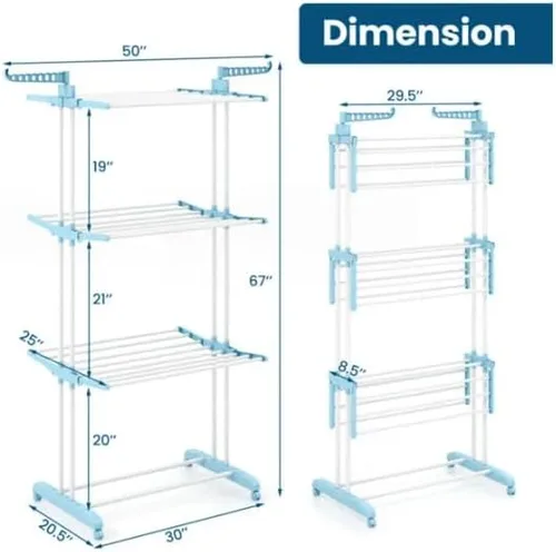 Vista 4 de Blue 4-Tier Foldable Clothes Drying Rack with Wheels, Heavy Duty Metal Laundry Hanger Stand for Indoor Outdoor Use
