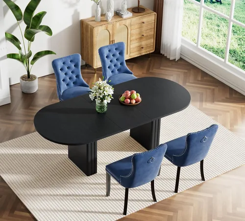 Vista 16 de Pvillez Extendable Dining Table Set of 8, Black Oval Dining Room Table & 8 Black Velvet Dining Chairs with Wood Leg, 62.99"-78.74" Kitchen Table and