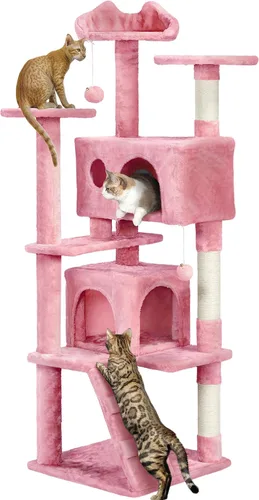 Vista 17 de Yaheetech Torre de árbol para gatos de 54 pulgadas, árbol de varios niveles para gatos de interior con postes rascadores, bolas colgantes, casa