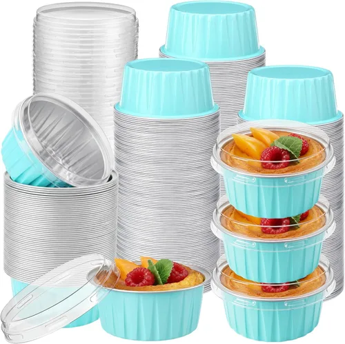 Vista 10 de Gejoy 400 tazas de papel de aluminio para hornear con tapas, moldes desechables de 5 onzas, mini moldes para tartas, moldes para magdalenas, moldes