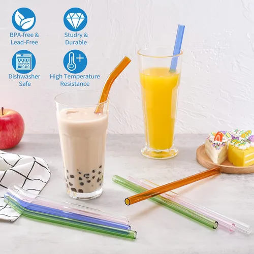 Vista 2 de 10 popotes de vidrio reutilizables para batidos, 0.354 x 0.472 in, para batidos, té, jugo, juego de 5 rectas y 5 dobladas con 2 cepillos