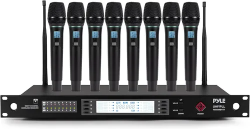 Pyle Sistema de micrófono inalámbrico | Juego de micrófono de 8 canales con 8 micrófonos de mano UHF | Micrófonos inalámbricos con 100 frecuencias