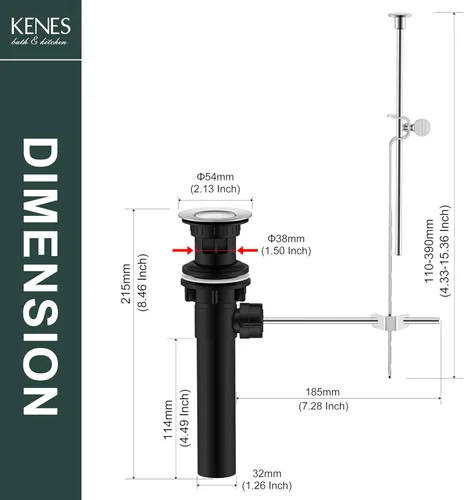 Vista 6 de KENES Conjunto de tapón de drenaje para lavabo de baño con varilla de elevación, drenaje de lavabo de níquel cepillado con desbordamiento, conjunto