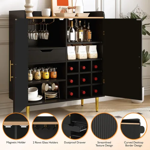 Vista 8 de LUMISOL Modern Coffee Bar Cabinet with Wine Rack and Hidden Drawer, Fluted Liquor Cabinet with Adjustable Shelves, Mini Fridge Sideboard with Glass