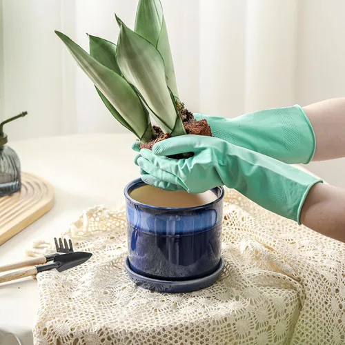Vista 40 de Macetas de 5.8 pulgadas: maceta de cerámica con orificio de drenaje y platillo - Maceta para plantas de interior y exterior - Diseño con cuentas