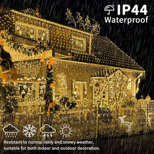 Vista 2 de CLODEGS Icicle Lights - 486 LED, 39ft String Lights with 8 Modes Remote - Hanging Outdoor Lights for Holiday, Wedding, Garden, Party, Wall, Eave