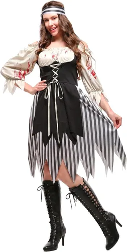 Vista 7 de Wizland Disfraz de pirata para mujer, vestido de pirata de estilo modesto con cinturón y tocado Pirata Clásico para Mujer