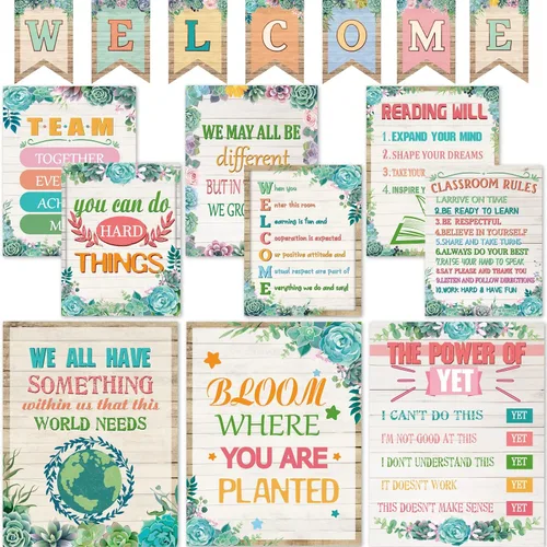 17 carteles motivacionales para el aula, carteles de decoración de bienvenida para suculentas, tablón de anuncios, mentalidad de crecimiento,