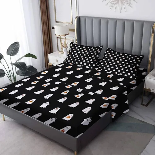 Juego de sábanas de fantasma tamaño individual, sábanas de microfibra suave y bolsillo profundo, sábanas y fundas de almohada estampadas sin
