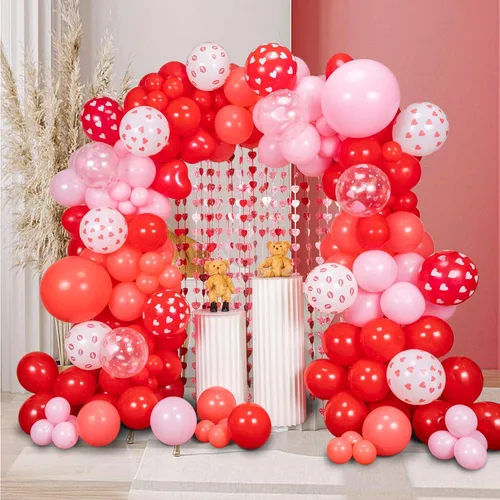 Vista 4 de Kit de guirnalda de arco de globos de San Valentín, 160 unidades, diseño de corazón rojo y rosa, 3.2 x 6 pies, telón de fondo para el día