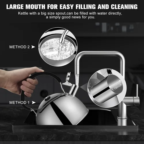 Vista 5 de Hervidor de té, estufa de té de 2 cuartos de galón, tetera silbante de acero inoxidable para estufa con mango plegable ergonómico, tetera pequeña