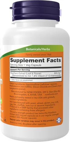 Vista 2 de Suplementos AHORA, extracto de espino 600 mg, fuerza adicional, apoyo cardiovascular*, 90 cápsulas vegetales