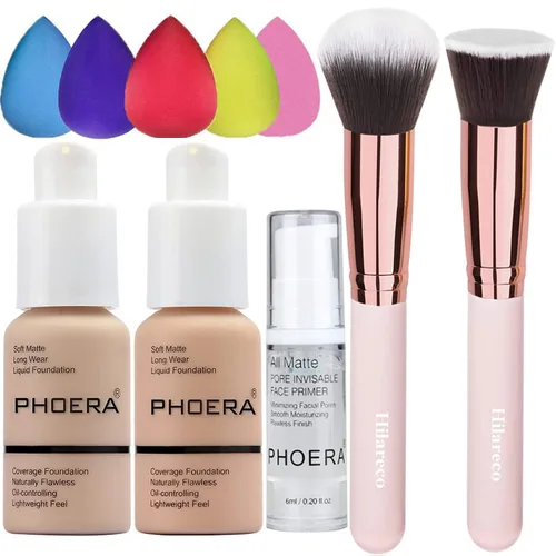 Vista 15 de PHOERA - Base de maquillaje mate de cobertura completa, brochas de maquillaje Kabuki (101 porcelana + 102 desnudos)