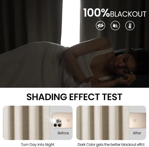 Vista 2 de Cortinas 100% opacas de 96 pulgadas de largo, mezcla de lino, para dormitorio, bolsillo para barra, pestaña trasera, juego de cortinas opacas