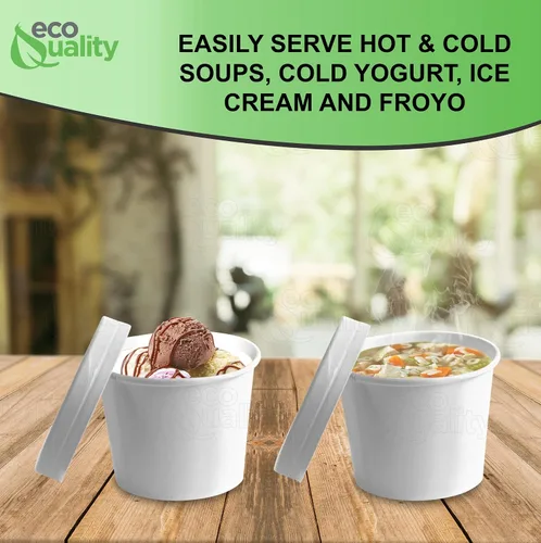Vista 5 de EcoQuality Recipientes desechables de papel blanco para sopa con tapas, tazas de papel para helado, cuencos desechables para postres fríos, tazas