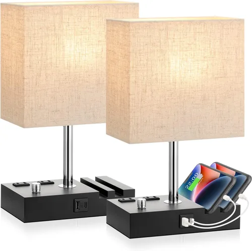Vista 11 de Kakanuo Lámpara de mesita de noche totalmente regulable para dormitorio con puertos USB C, lámpara de mesita de noche pequeña gris con salidas