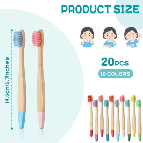 Vista 2 de 20 cepillos de dientes de cerdas suaves de bambú para niños, cepillos de dientes manuales de viaje para niños, para el hogar, escuela, viajes