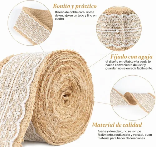 Vista 2 de jijAcraft Rollo de cinta de arpillera de yute natural, 2.4 pulgadas x 5.5 yardas, cinta de arpillera de encaje blanco rústico para manualidades