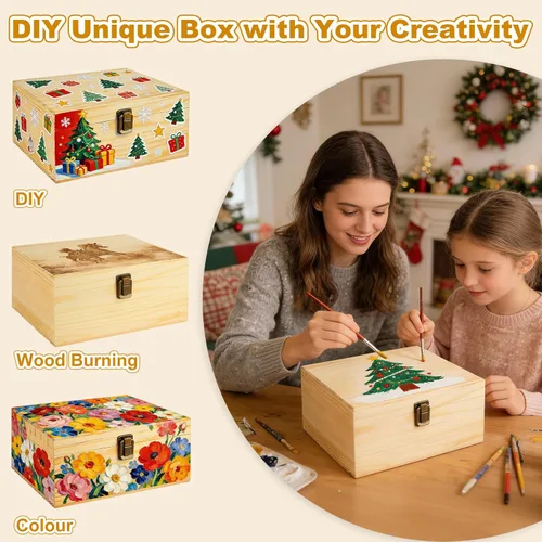 Vista 4 de DAJAVE Paquete de 2 cajas de madera sin terminar, caja de madera grande de 12 x 7.8 x 3 pulgadas con tapa con bisagras, caja de madera de pino