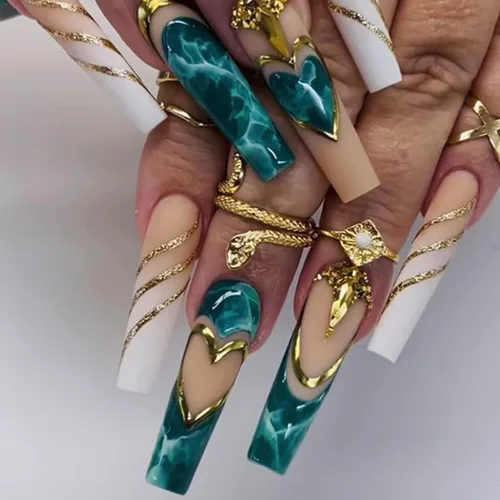 Vista 12 de RTKHFZE Uñas de Presión Francesas Uñas Postizas de Presión Largas Cuadradas con Dijes Diseños de Mariposas 3D y Diamantes de Imitación Uñas