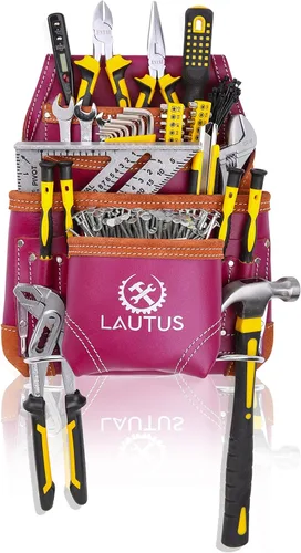 Vista 2 de LAUTUS Bolsa de herramientas de cuero curtido al aceite Borgoña Carpintero, construcción, enmarcadores, manitas 10 bolsillos, 2 soportes