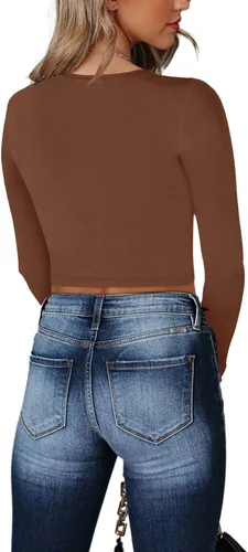 Vista 2 de REORIA Camiseta sexy de manga larga con cuello asimétrico para mujer, acanalada, ajustada, ajustada