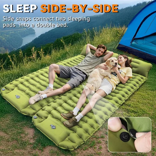 Vista 6 de Colchoneta para dormir, ultraligera e inflable para acampar con almohada con bomba de pie incorporada, extra gruesa y compacta, alfombrilla