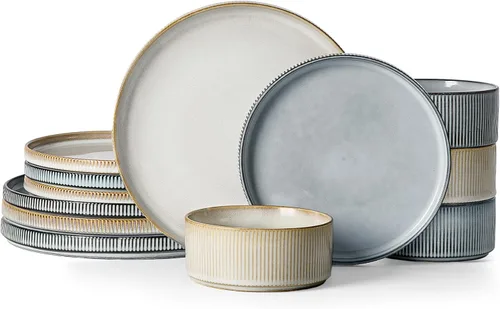 Vista 66 de famiware Juego de vajilla con estrellas, juego de platos y cuencos para 4, 12 piezas de vajilla acanalada - Resistente a las astillas y a