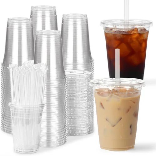 100 Pack 16 oz Clear Plastic Cups with Lids and Straws, Disposable Iced Coffee Cups To Go Sturdy Smoothie Cups for Cold Drinks