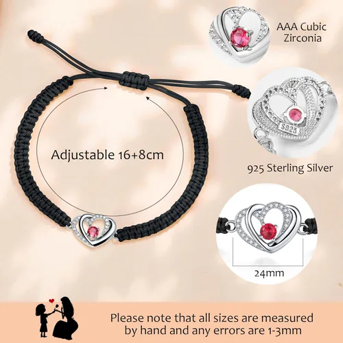 Vista 5 de J.Endéar Dainty Double Heart Bracelet for Mom, 925 Sterling Silver Red Cubic Zirconia Handmade Rope String Adjustable Bracelet Mother Daughter Gift