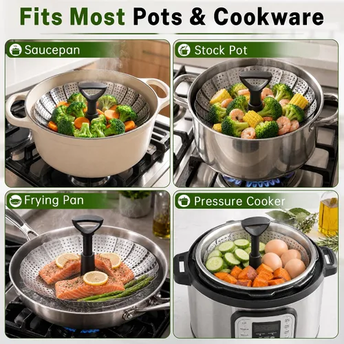 Vista 7 de Cesta de vapor para olla, cesta de vapor de verduras de acero inoxidable para cocinar con diseño plegable expandible y mango extensible, se adapta a