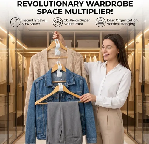Vista 2 de Ganchos de conector para colgar – Paquete de 50 ganchos para colgar ropa – Percha que ahorra espacio para organizador de armario – Perchas