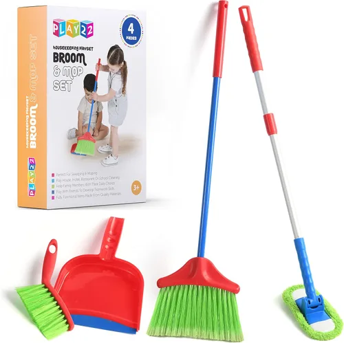 Play22 Juego de limpieza para niños de 4 piezas – El juego de limpieza de juguetes incluye escoba, trapeador, cepillo, bandeja para el polvo – El