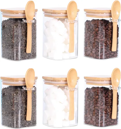 Vista 11 de Tarro de vidrio con tapa y cuchara de bambú, paquete de 8 recipientes de té de 10 onzas para té de hojas sueltas, recipientes de sal y azúcar