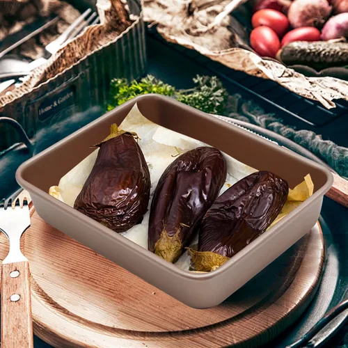 Vista 4 de UOIENRT Paquete de 2 bandejas para hornear de 9 x 7 pulgadas, bandeja antiadherente para hornear, bandeja rectangular para galletas, brownie, molde