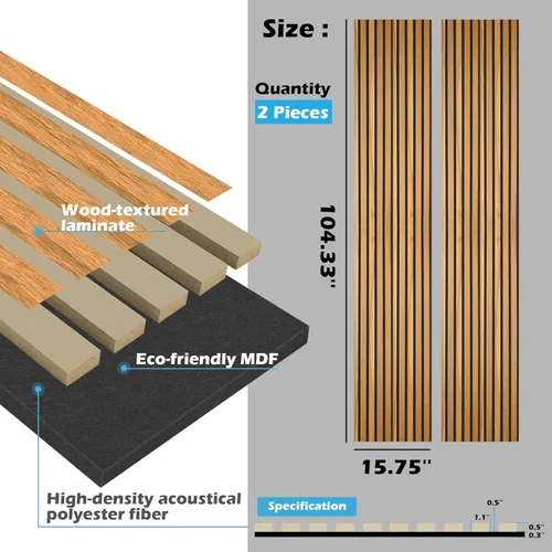 Vista 6 de Art3d - 2 piezas de panel acústico de listones, de 104 x 15.75 pulgadas para pared y techo, panel 3D acanalado absorbente de sonido con acabado