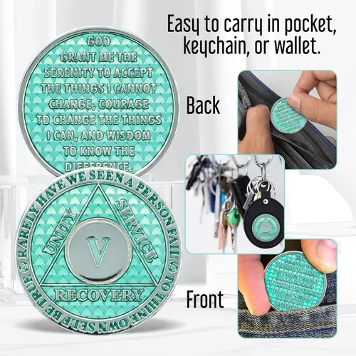 Vista 4 de Moneda de sobriedad de 5 años Chip AA Legacy Ficha de aniversario de recuperación de triplaca gruesa (Aqua)