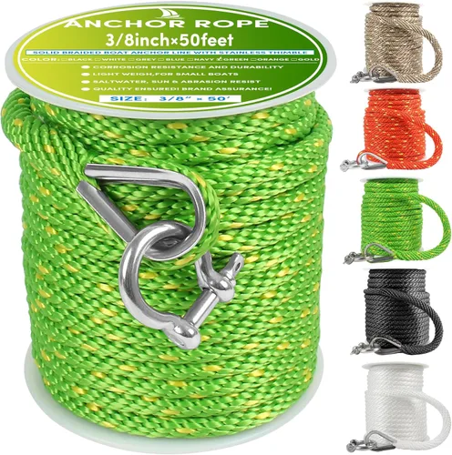 Vista 18 de Cuerda de anclaje prémium de 100 pies x 3/8 pulgadas, cuerda de anclaje MFP maciza con dedal y grillete, color naranja/amarillo