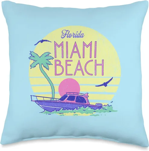 Miami Beach Florida Surfing Surf Ocean Vintage USA Miami Beach Throw Pillow, 16x16, Multicolor