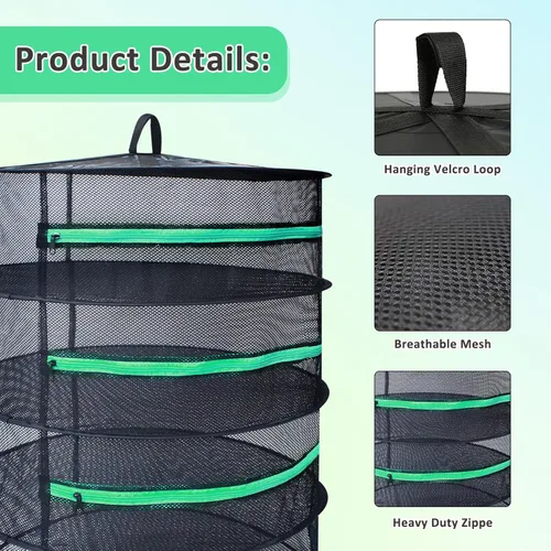 Vista 3 de Growsun - Colgante de malla de 2 pies con 8 niveles para secado de hierbas y plantas, con cremallera verde