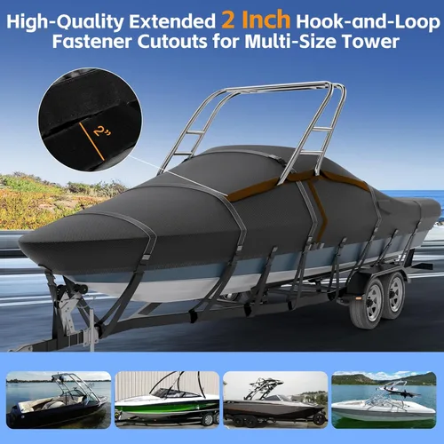 Vista 3 de Tuszom Cubierta para lancha de torre de esquí y wakeboard 900D 100% impermeable, a prueba de desgarros, remolcable, tamaño completo, para barcos