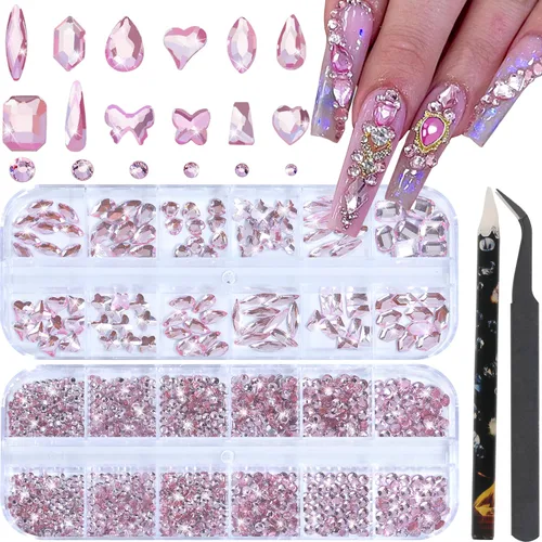 Vista 14 de HNUIX Diamantes de imitación para uñas, cristal 3D de múltiples formas, gemas de uñas Aurora de cristal, parte trasera plana, con kit para arte