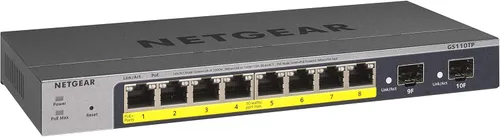 NETGEAR Switch Inteligente Gigabit Ethernet PoE de 10 puertos (GS110TP) - Gestionado, con 8 x PoE+ @ 55W, 2 x 1G SFP, administración opcional en la