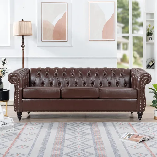 Vista 21 de Muebles de sofá Chesterfield de tela de 85 pulgadas, sofá tapizado con respaldo copetudo, brazo enrollable, sofá Chesterfield clásico para sala