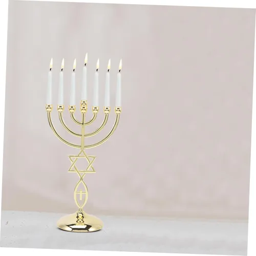 Vista 4 de Candelabro, soporte para velas de menorá de Hanukkah, 7 ramas, centro de mesa de menorá, cono dorado, decoración para fiestas de vacaciones